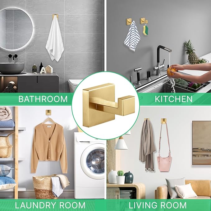 Heavy Duty Stainless Steel Towel Hooks, Wall Mounted Square Robe Hooks for Bathroom, Kitchen, Bedroom, Hotel Brushed Gold 2 Pack