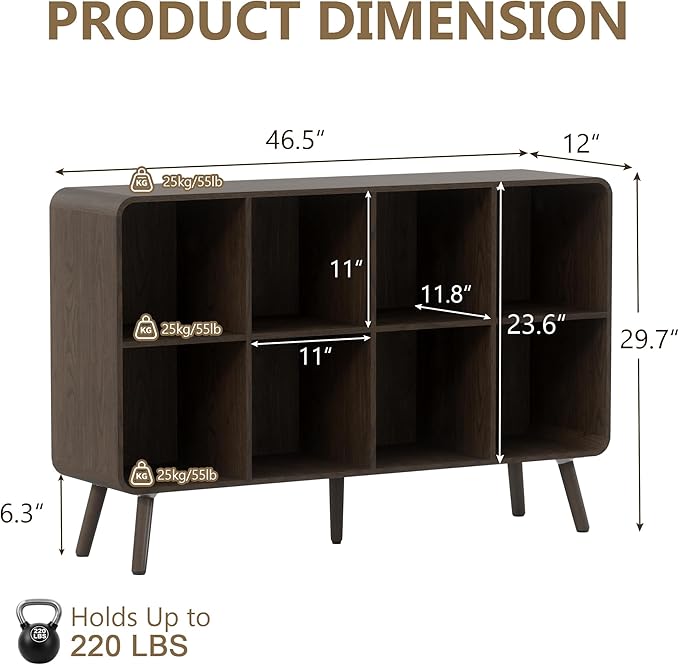 YOSHOOT 8 Cube Bookshelf - 46.5" Wood Cube Bookcase with Legs, Open Cubby Bookshelves with Curved Profile Design for Bedroom, Living Room,Home Office, Walnut