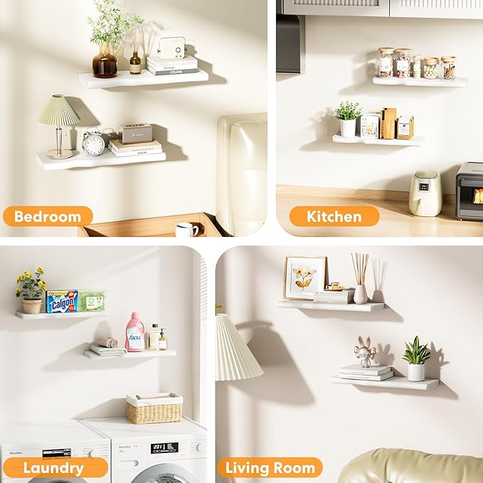 Floating Shelves for Wall Rustic Farmhouse 24 Inch Floating Shelf Bathroom Wooden Shelves for Wall Mounted Live Edge Pine Shelf with Unique Natural Grain for Living Room Bedroom Kitchen (White)