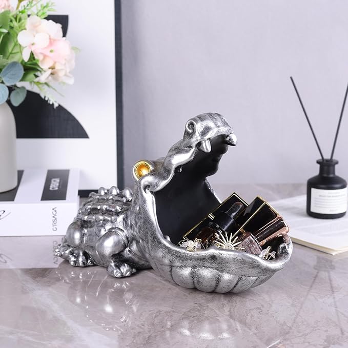 Alligator Statue Key Bowl, Fun Animal Statue Candy Dish for Entryway Decorative Bowl, Office Candy Dish, Big Mouth Sculpture Home Living Room Trinket Container Storage Box (Silver)