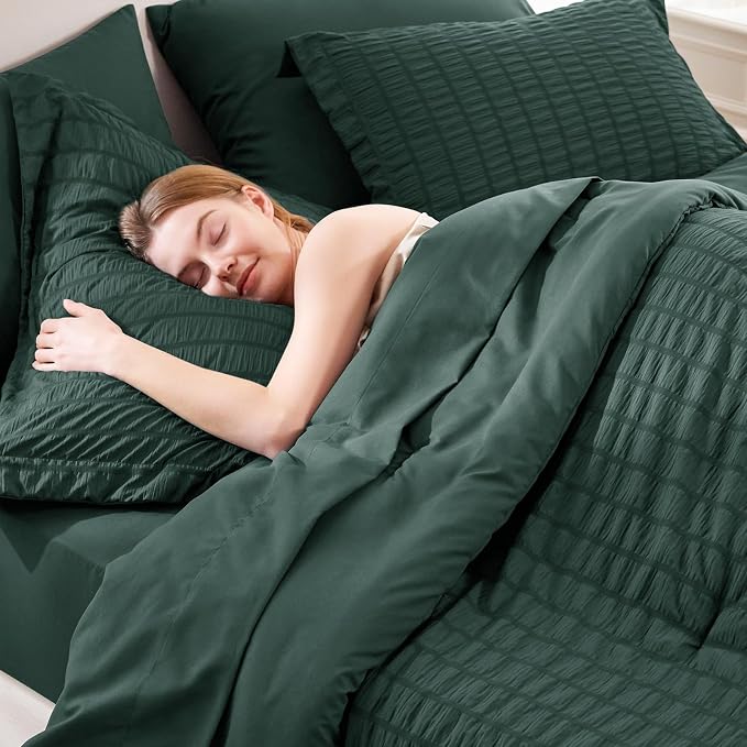 CozyLux King Size Comforter Set Forest Green, 7 Pieces Seersucker Textured Luxury Bed in a Bag, All Seasons Soft Bedding Sets with Down Alternative Comforter, Sheets, Pillowcases & Shams, Home Gift