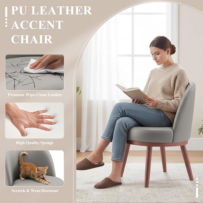 Accent Chair Mid-Century Modern Chair PU Leather Upholstered Armless Chair Set of 1, Suitable for Living Room, Bedroom, Balcony,Light Gray