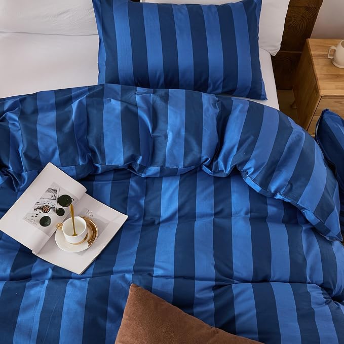 Merryword Blue Striped Duvet Cover Set Queen Size, 100% Natural Cotton Linen Like Duvet Cover Set with Zipper Closure & 8 Corner Ties, Dark Blue Soft Reversible Bedding for All Seasons