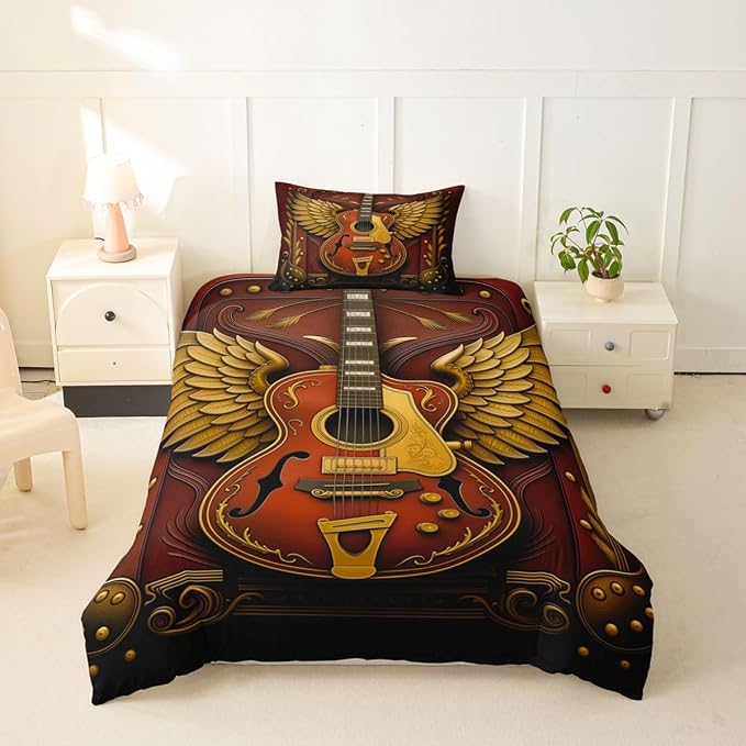 Erosebridal Guitar Toddler Comforter Cover Luxury Angel Wings Guitar Bedding Set Vintage Baroque Style Room Decor Duvet Cover,Youth Rock Roll Music Bed Set