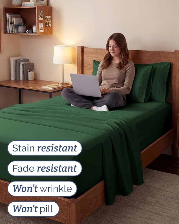 Extra Deep Twin XL Sheet Set - 4 Piece College Dorm Bed Sheets Set with Extra Deep Pockets - Ultra-Soft, Comfy & Breathable Bedding for Women, Men, Kids & Teens - Wrinkle & Fade Free - Emerald Green
