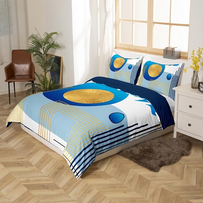 Erosebridal Blue Neutral Modern Queen Comforter Cover Boho Mid Century Duvet Cover Minimalist Aesthetic Bed Set Geometric Abstract Bedding Set