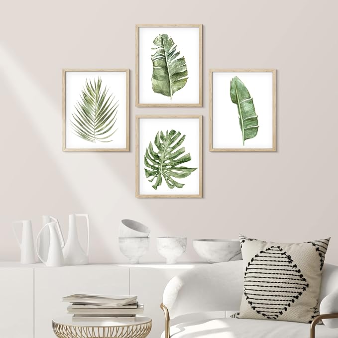 SIGNWIN Framed Banana Palm Monstera Leaf Wall Art, Set of 4 Green Pastel Wall Decor Prints, Nature Wilderness Wall Décor for Living Room, Bedroom - 11"x14" Natural