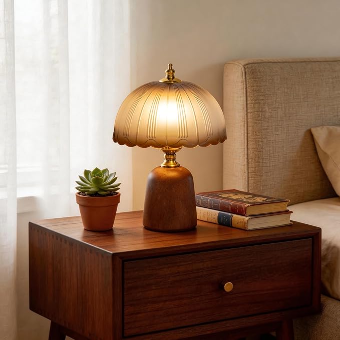 13 inch Decorative Wooden Mid-Century Modern Small Table Lamp, Vintage Amber Glass Shade, Solid Wood Base, Dimmable Bedside Lamp for Bedroom Living Room, Aesthetic Home Decor, E26 Bulb Included