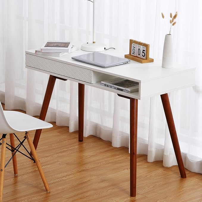 GarveeHome 42 in Mid Century Home Office Writing Desk, Modern Simple Computer Desk with Drawer and Open Storage Cubby, Small Vanity Table Desk for Bedroom, White