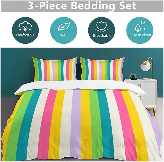 Rainbow Duvet Cover Set, Rainbow Lines Pattern Spectrum of Colors Abstract Art Decorative，Aesthetic Abstract Art Bedding 3 Piece (1 Duvet Cover 90"x90" + 2 Pillow Sham 20"x30")