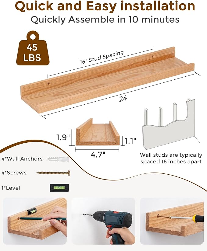 Axeman Oak Picture Ledge Shelf, 24 Inch Floating Shelves Set of 2, Solid Oak Wood Wall Shelves with Lip, Wall Decor Storage for Bedroom Living Room Bathroom Kitchen Nursery Photo Picture, Natural Oak