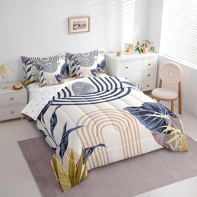 Erosebridal Retro Mid Century King Comforter Set with Sheets 7 Piece Pink Blue Palm Leaf Bed in A Bag Vintage Bohemian Plant Leaves Bedding Sets for Teens Teenager Modern Stripes Aesthetic Bed Set