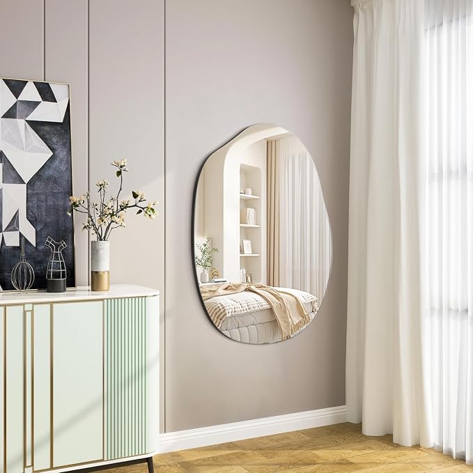 Bathroom Wall Mirror Wood Framed Modern Decorative Irregular Asymmetrical Mirrors for Bedroom Living Room Entryway Dressing Table Wall Decoration Room Decor 26" L x 18" W