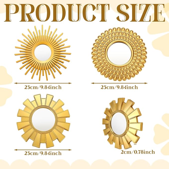 Fourluoo 3 Pack Gold Sunburst Mirrors for Wall Decor Circle Flowers Mirrors Decorative Gold Hanging Wall Art Flowers Mirror for Home Living Dinning Room Bedroom Bathroom Boho Decoration Art(Sunburst)