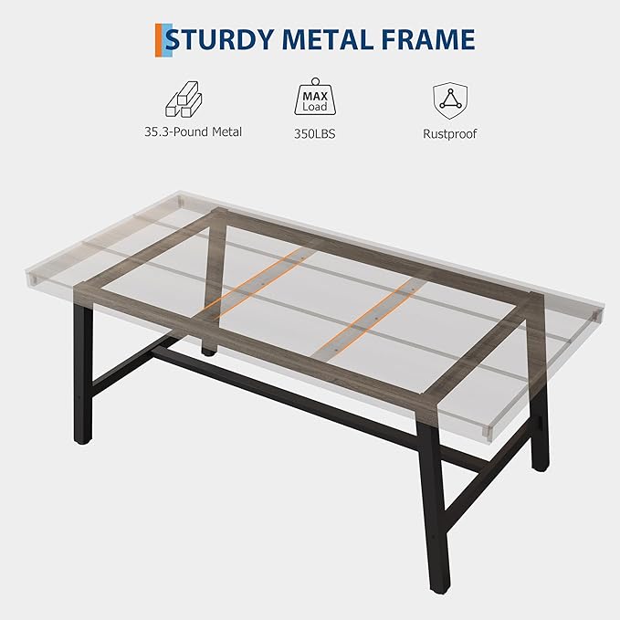 GarveeHome Industrial Dining Table for 6-8 People, 70.87" Long Wooden Kitchen Table with Sturdy Metal Frame & Walnut Finish, Seats 6 Rectangular Counter for Dinner, Kitchen, Dining Room-Grey Walnut