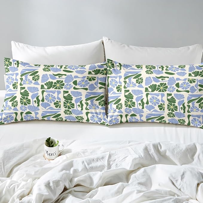 Erosebridal Mid Century Modern Comforter Cover Queen Abstract Geometric Boho Floral Bedding Set Cute Blue and Green Plants Patchwork Duvet Cover for Kids Adults,Vintage Aesthetic Geometric Bed Set