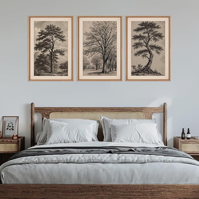 HPINUB Vintage Sketch Tree Framed Canvas Wall Art Set,Modern Nature Botanical Wall Decor, Antique Wilderness Tree Artwork,Minimalist Neutral Art Prints for Living Room,Bedroom,Farmhouse-24"x36"x3