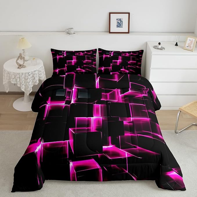 Erosebridal Honeycomb Square Comforter Set for Kids Girls 3D Geometric Square Bedding King, Pink Black Neon Lights Bedding Sets, Gradient Print Duvet Insert with 2 Pillow Cases