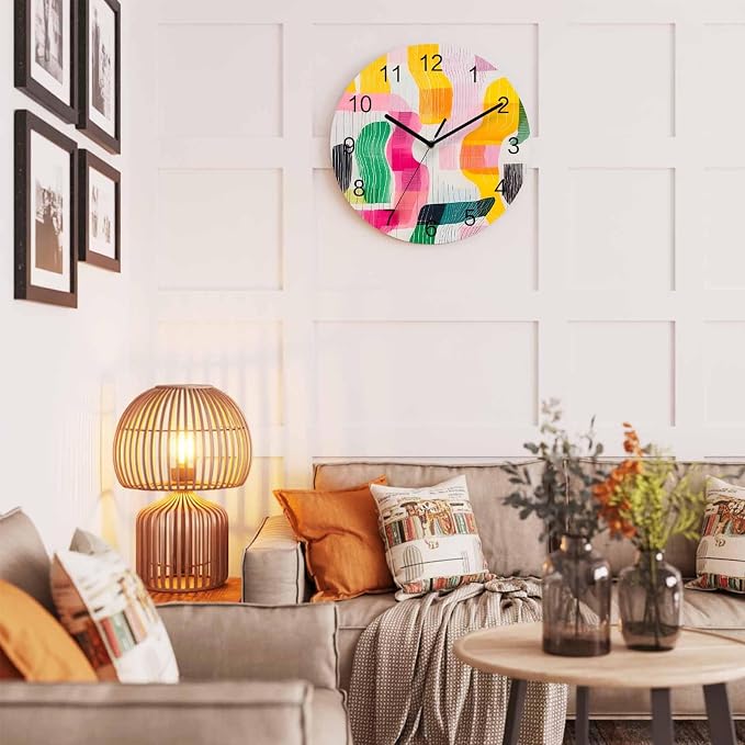 Impressionist Style Wall Clock Battery Operated Non-Ticking 10" Round Wood Clocks, Abstract Colorful Line Color Block Kitchen Wall Clock for School Bathroom Living Room Home Office Wall Decor