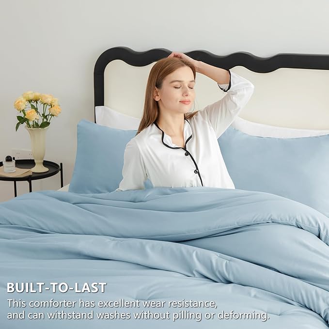 CozyLux King Size Comforter Set Light Blue, 3 Pieces Lightweight Down Alternative Quilted Bedding Sets, All Season Soft Breathable Solid Comforter with 2 Pillowcases, Luxury Bed Set Gift for Home