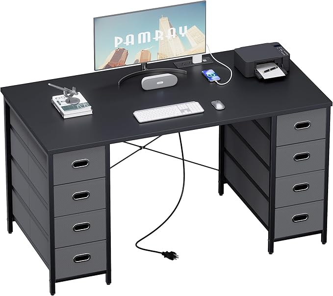 Pamray 47 Inch Computer Desk with 8 Fabric Drawers PC Gaming Desk Home Office Study Work Writing Table for Bedroom Black