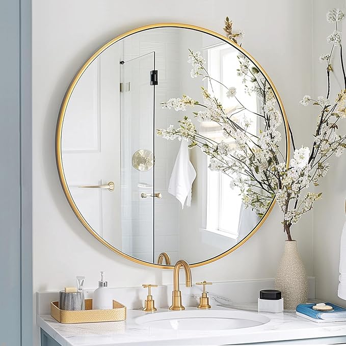 Sunniry Gold Round Mirror, 24 inch Circle Mirror, Gold Brushed Metal Frame Bathroom Mirrors, Round Wall Mounted Mirrors for Bathroom, Hallway, Living Room, Bedroom.
