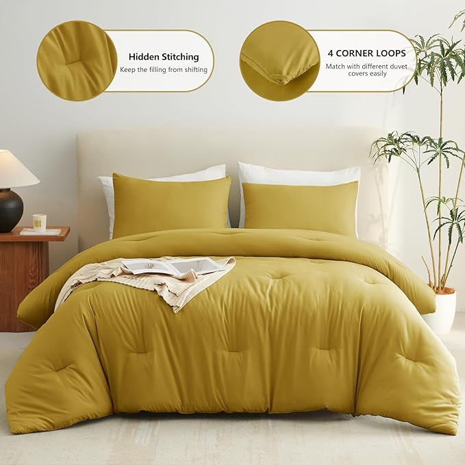 CozyLux Queen Comforter Set Mustard Yellow, 3 Pieces Lightweight Comforters Queen Size Bedding Sets, All Season Breathable Solid Down Alternative Comforter with 2 Pillowcases, Bed Set Gift for Home