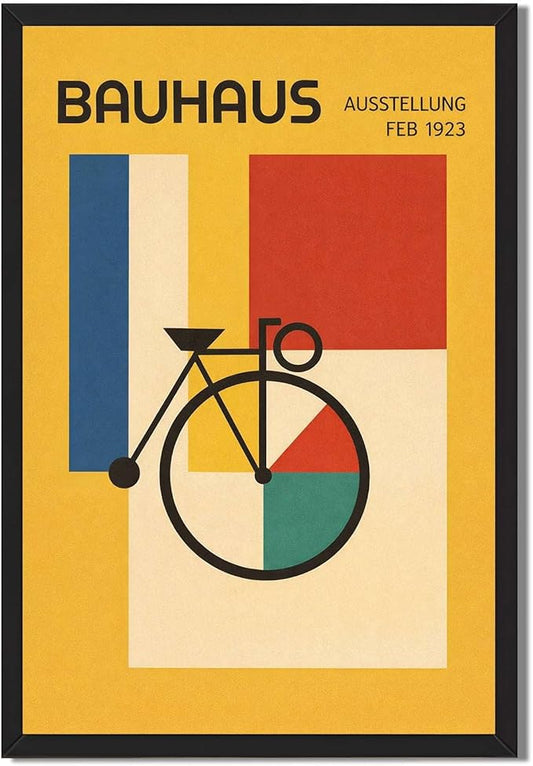 Vintage Bauhaus Geometric Bicycle Poster Canvas Wall Art, Abstract Colorful Shapes Print for Living Room Bedroom Home Decor Modern Minimalist Style (Black Framed,12”LX16"W)