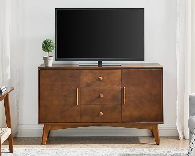 LKTART 47.3" Mid Century Modern Sideboard Buffet Cabinet with Solid Wood Frame&Legs,Accent Storage Cabinet with 2 Doors and 3 Drawers for Kitchen,Entryway,Walnut