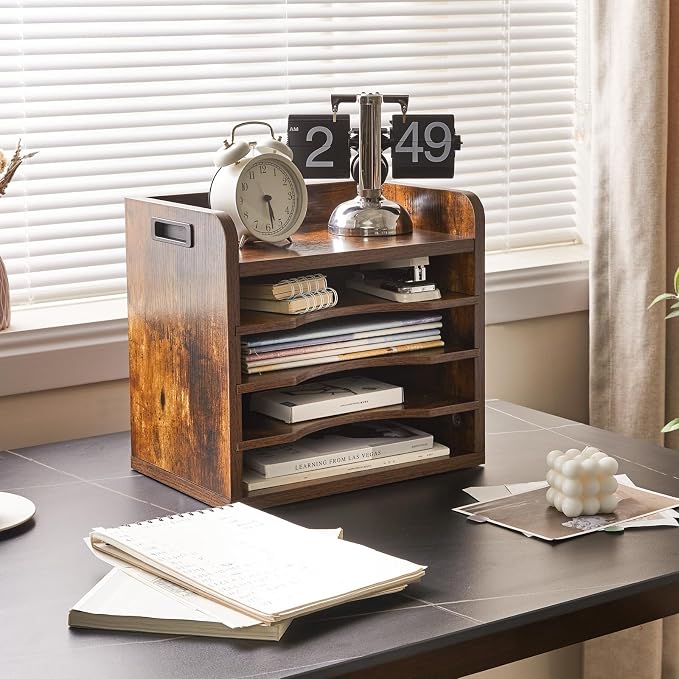 YMYNY Desktop File Organizer with Handle, Document Letter Mail Tray Sorter with 3 Adjustable Shelves, 5 Tiers Paper Holder for School Home Office Desk, Rustic Brown,13.4 * 12.4 * 9.06" UHBC006H