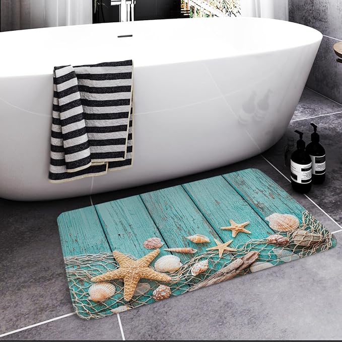Britimes Bath Mat for Bathroom, Beach Seashells Starfish Sand Washable Cover Floor Rug Carpets Floor Mat Bathroom Decorations 18x30 Inches for Kitchen Bedroom Indoor