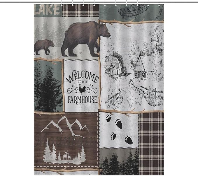 Rustic Cabin Vintage Bear Shower Curtain Country Lodge Deer Mountain Forest Farmhouse Waterproof Shower Curtains for Bathroom Decor 12 Pack Hooks 55x72in（140x183cm）