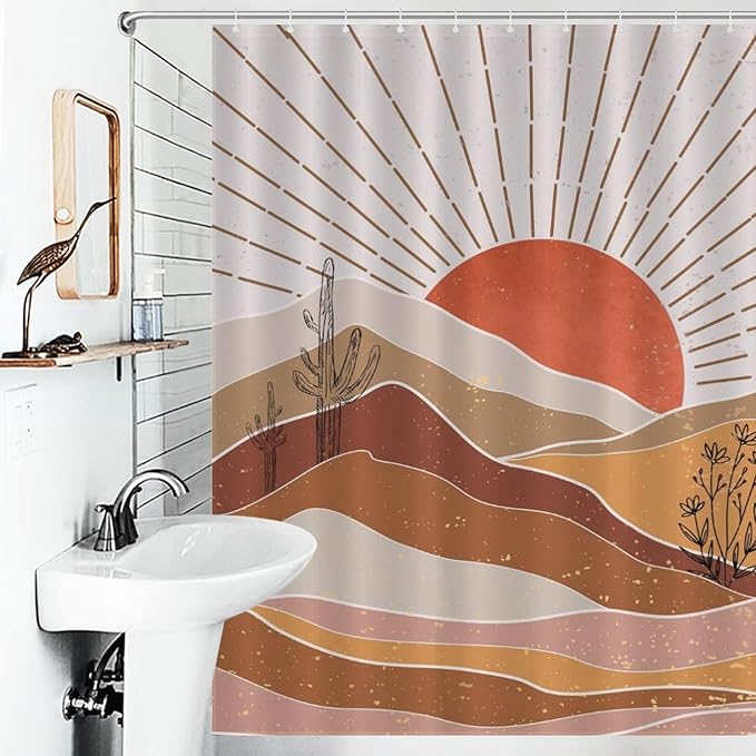 Boho Mountains Shower Curtain, Mid Century Modern Aesthetic Forest Sunset Nature Tropical Palm Leaves Abstract Art Waterproof Fabric Bath Shower Curtain Set with Hooks, 72"x78" Inch