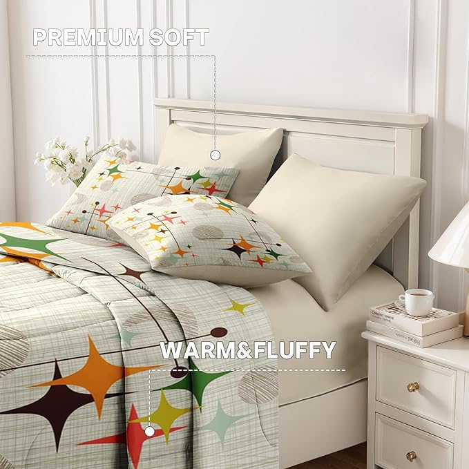 Nesker Comforter Set Queen Size, Retro Stars Brown 7 Pcs Bedding for Kids and Adults, Mid Century Vintage Bed Sheet Sets with Fitted Sheet 2 Pillowcases & 2 Shams