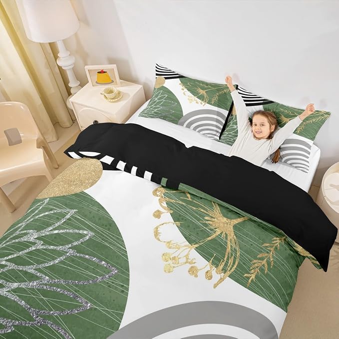 Erosebridal Boho Mid Century Duvet Cover Toddler Size for Women Men Adults | Minimalist Modern Comforter Cover Green and White Geometric Bedding Set Aesthetic Modern Abstract Bed Set