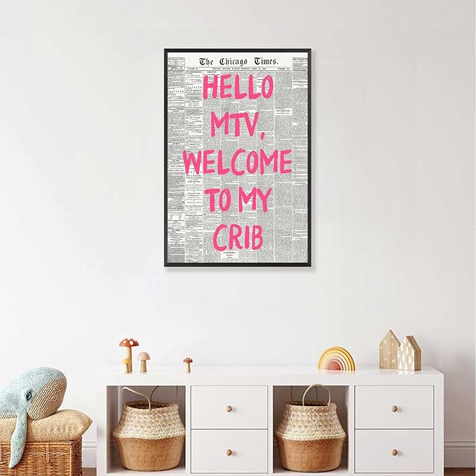 Retro Hello Mtv Welcome To My Crib Posters Pink Font Newspaper Canvas Wall Art Positive Affirming 70'S Room Aesthetic Prints Painting For Home Bedroom Dorm Wall Decor 12x16in Framed