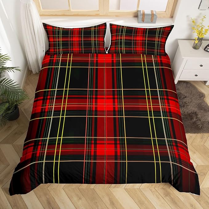 Erosebridal Red Black Grid Duvet Cover King Modern Classic Geometric Tartan Bedding Set for Kids Teens Buffalo Plaid Quilt Cover Striped Check Vintage Farmhouse Bed Set with Zipper