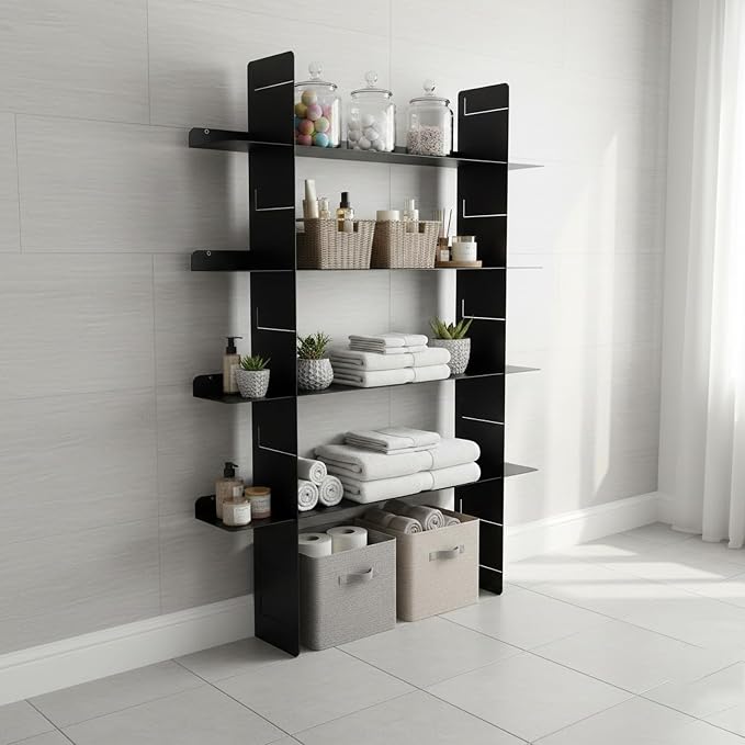 4 Tier Floating Wall Shelf, Metal Wall Mounted Book Shelf, Easy Install Metal Shelf, Heavy Duty Display Rack for Books, Decor, Bedroom, Living Room, Office (Black)