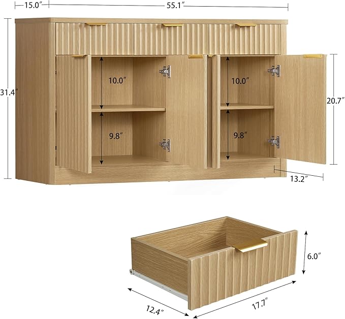 usikey 55” Large Buffet Cabinet with Storage & Drawers, Sideboard Cabinet with 2 Adjustable Shelves & 4 Doors, Coffee Bar Station, Kitchen Storage Cabinets, Natural