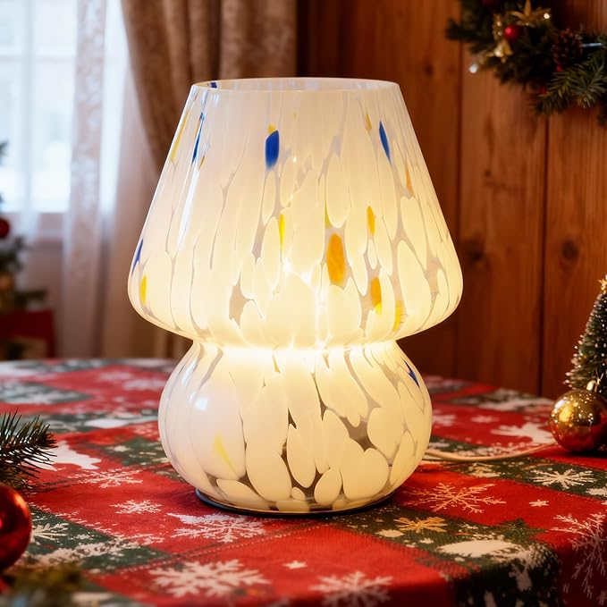 Cordless Mushroom Lamp-Modern Small Battery Operated Table Lamp with Timer for Home Decor,Aesthetic Glass Battery Powered Lamp for Bedroom/Kitchen/Living Room/Shelf Decor(White&Blue)