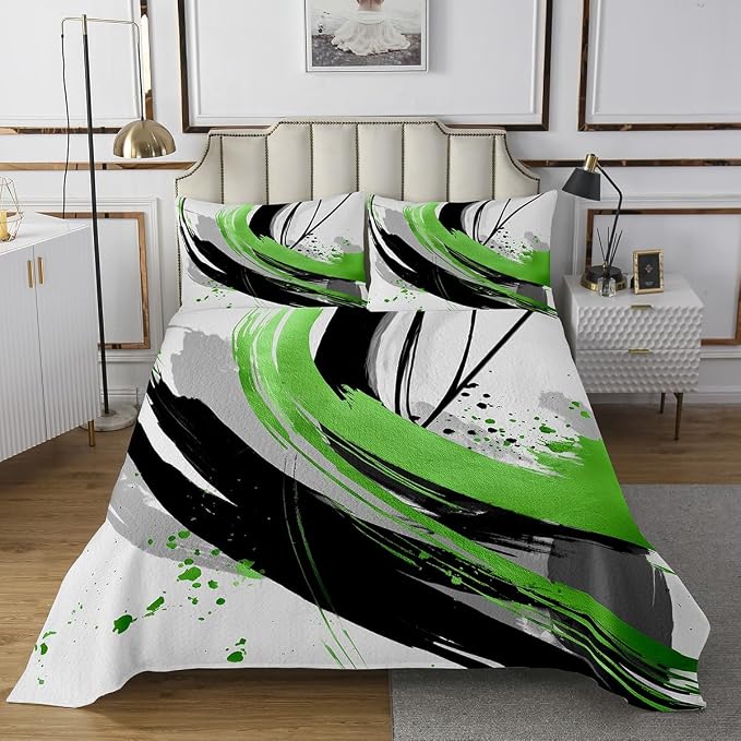Erosebridal Black and Green Kids Coverlet Set | Modern Geometric Striped Quilt Set for Boys Girls Boho Contemporary Watercolor Graffiti Quilts Minimalist Aesthetic Art Bedding Sets Twin 2Pcs