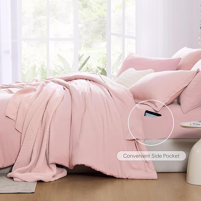 WRENSONGE Full Size Comforter Set- 7 Pieces Soft Pink Bed in a Bag Full Size Comforter with Fitted Sheet, Flat Sheet, 2 Pillow Shams, 2 Pillowcases, Warm Bedding Sets for All Season