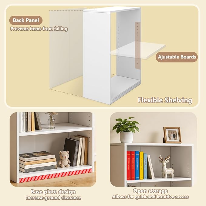 3-Tier Bookcase, 71 Inches, Wooden Open Display Floor Bookshelf with Adjustable Shelves (White)