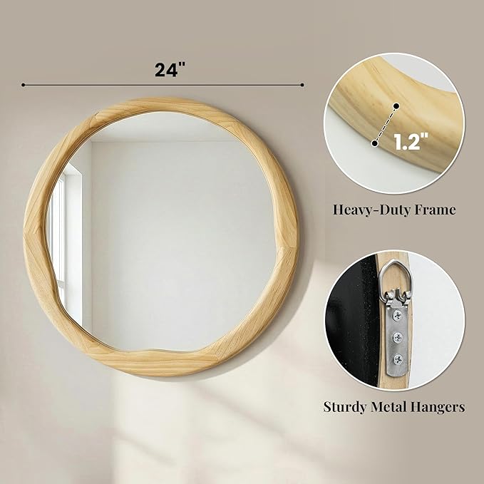 Round Wood Mirror 24 Inch, Irregular Wavy Inner Frame Wall Mirror for Bathroom Vanity, Bedroom, Natural Solid Wood Asymmetrical Decor