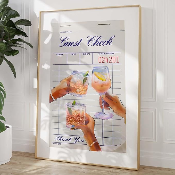 Funky Retro Wall Art Guest Check Poster Blue Minimalist Wall Prints Cheers Canvas Wall Art Bar Cart Pictures Preppy Modern Paintings Vintage Alcohol Posters for Living Room Bedroom 16x24in Frameless
