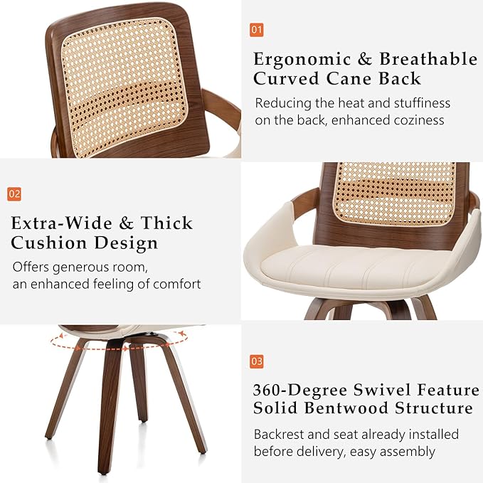 Set of 2 Swivel Rattan Dining Chairs - Walnut Dining Chairs with Bentwood Frame with Ergonomic Cane Back, Curved Arms, MCM Ideal for Kitchen/Conference/Restaurant/Living Room (Walnut Beige)