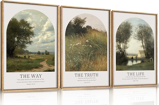 FWIEXA Christian Bible Verse Canvas Wall Art Set 3, Vintage Scripture Framed Painting, Religious Landscape Decor, The Way The Truth The Life Artwork, 16x24In Prints for Living Room,Bedroom,Prayer Room
