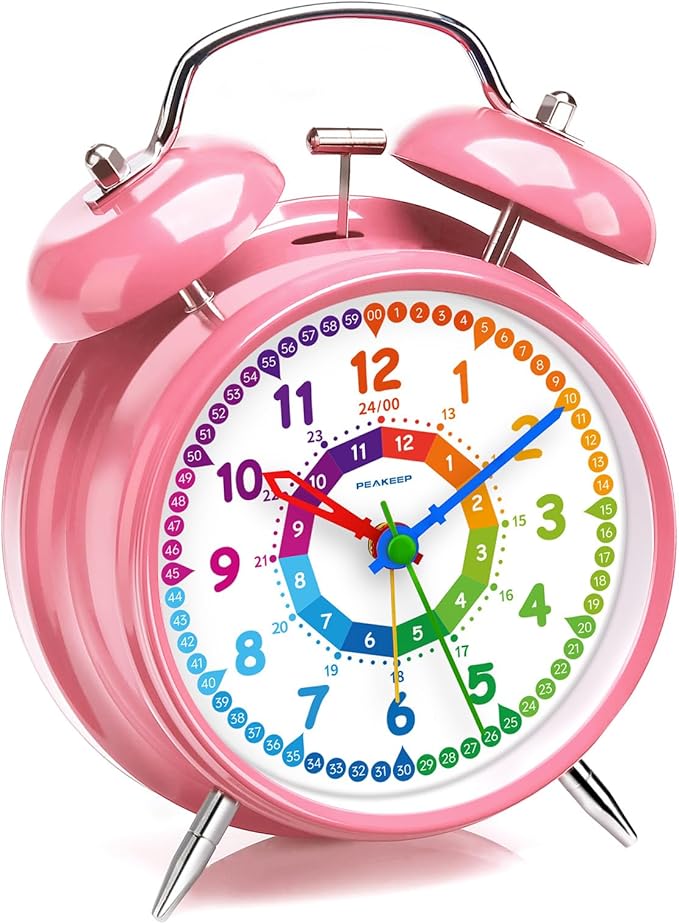Peakeep Loud Analog Alarm Clock for Kids Learning Telling Time Teaching, 4.5" Twin Bell Alarm Clock Battery Operated for Heavy Sleepers Adults Teenagers Kids