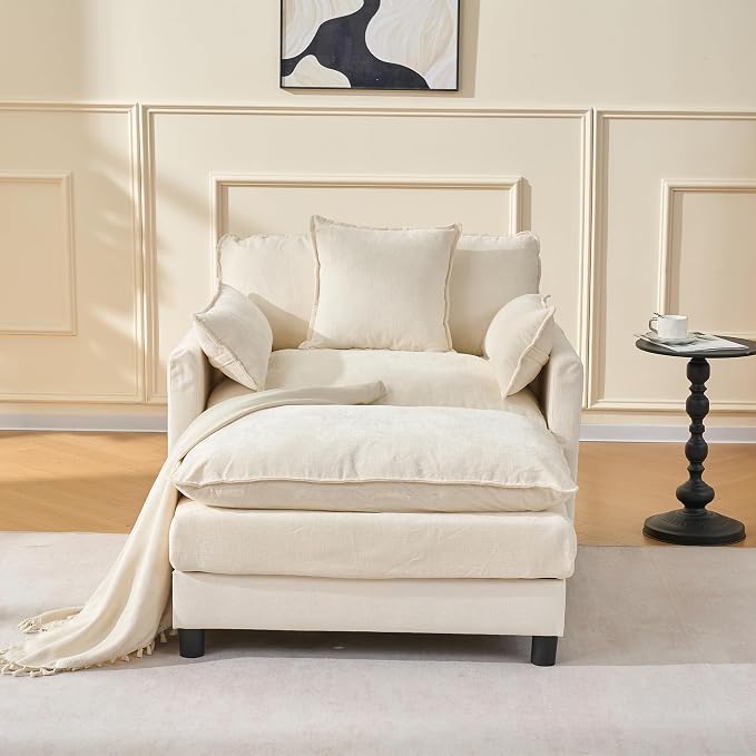 Oversized Accent Chair with Ottoman, Chenille Cloud Single Sofa Upholstered Double-Layer Seat Lounge Armchair with Pillows for Living Room Reading Apartment, Beige