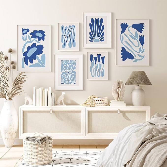 Youillne Matisse Flower Wall Art Prints Blue Abstract Wall Decor Aesthetic Canvas Wall Art Picasso Gallery Posters Matisse Preppy Pictures Flower Paintings for Bathroom 12x16 Inch Unframed Set of 6